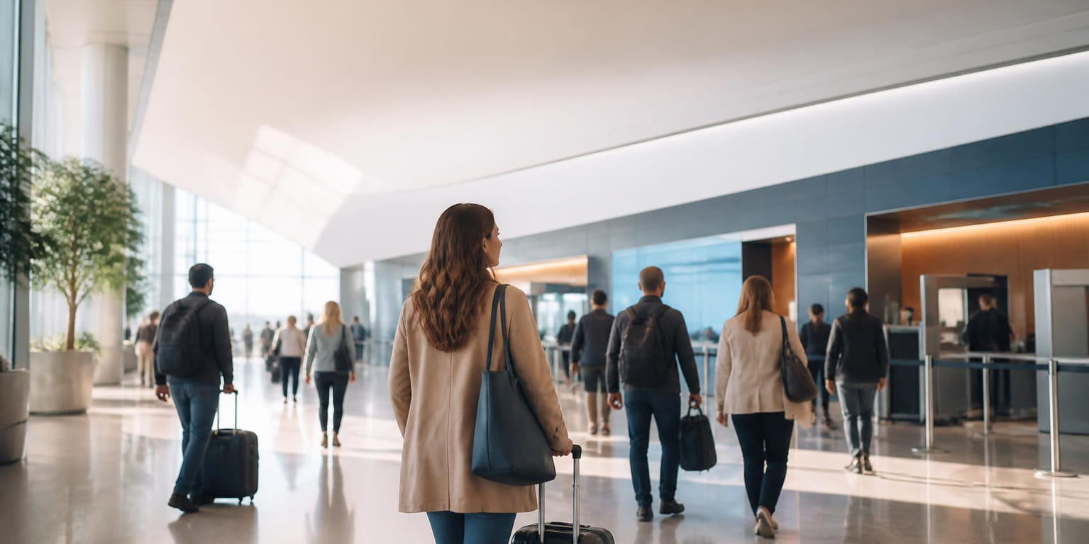 Passengers crossing a bright airport terminal, one traveler stopped with her suitcase and looking toward the service desks as she decides where to go next.