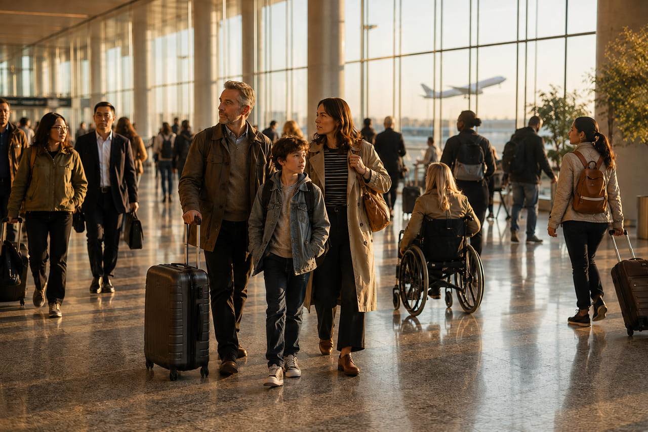 Passengers crossing a sunlit airport terminal — a family walking together, a woman travelling alone, and a wheelchair user moving independently, each at a point in the journey where they decide where to go next.