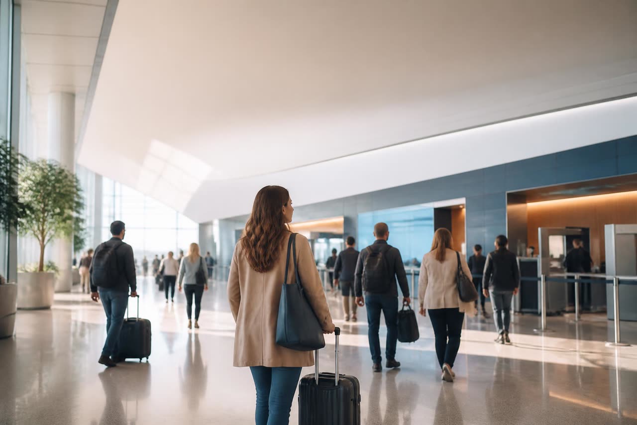 Travelers in a bright modern airport terminal, mid-decision