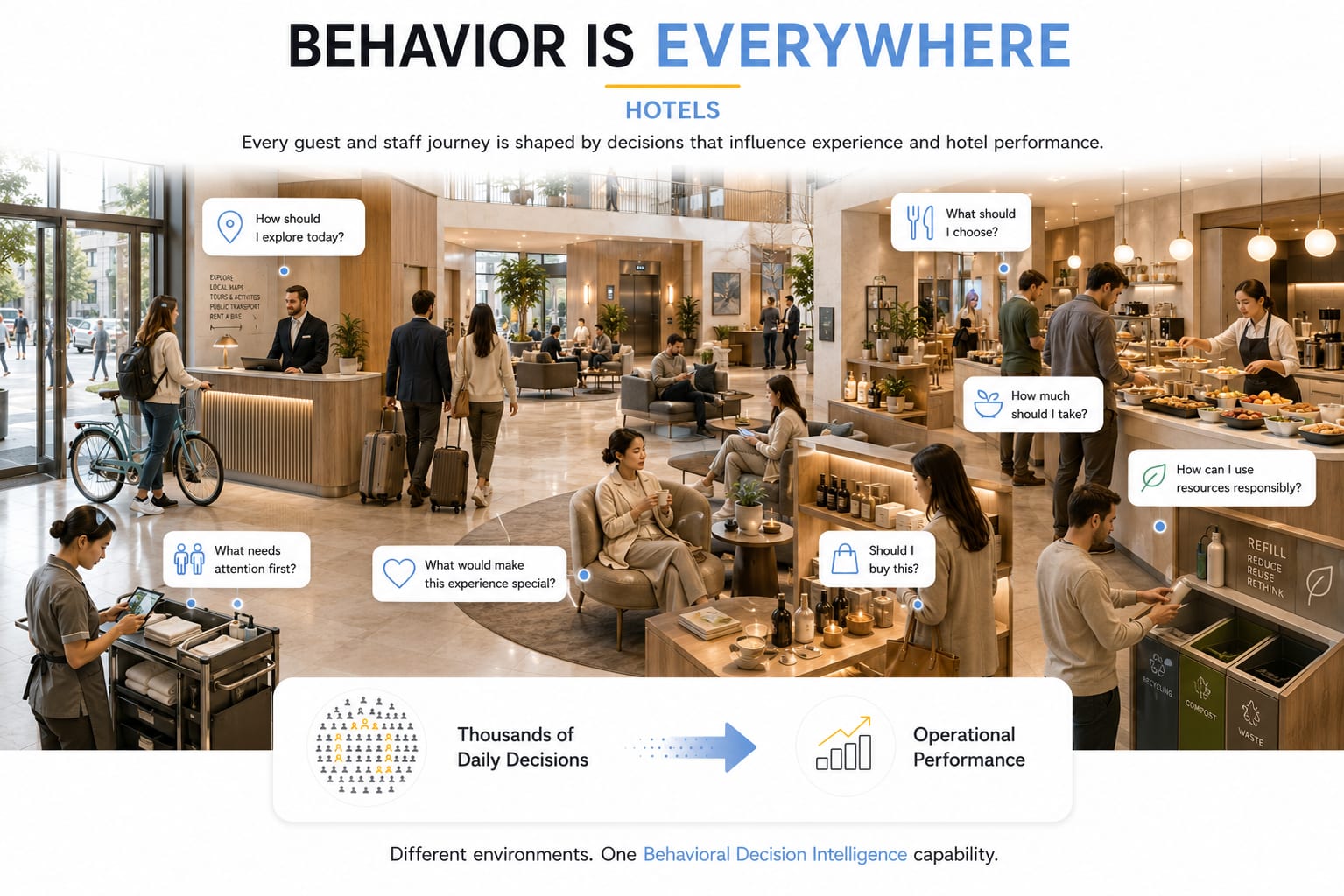 An illustrated hotel environment showing guests and staff at the everyday moments where choices, attention, comfort and service decisions shape the stay.