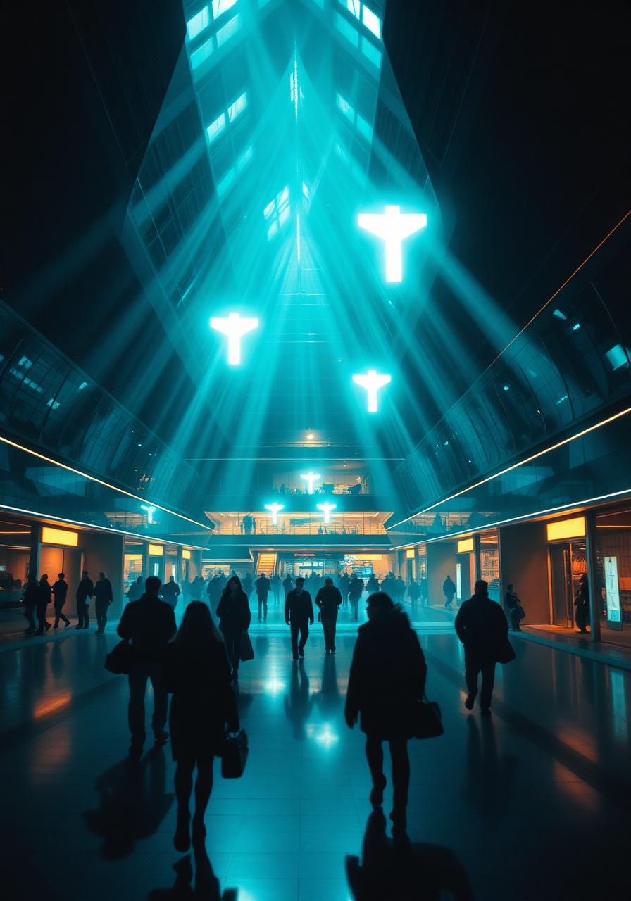 Futuristic public space with light rays and people in motion