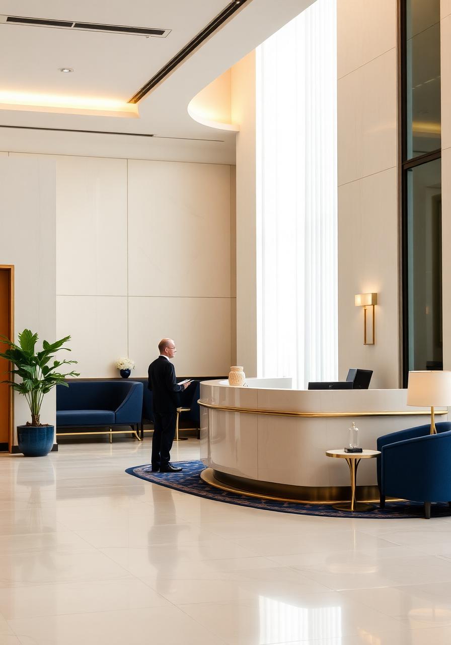 Luxury hotel lobby with a guest at the front desk