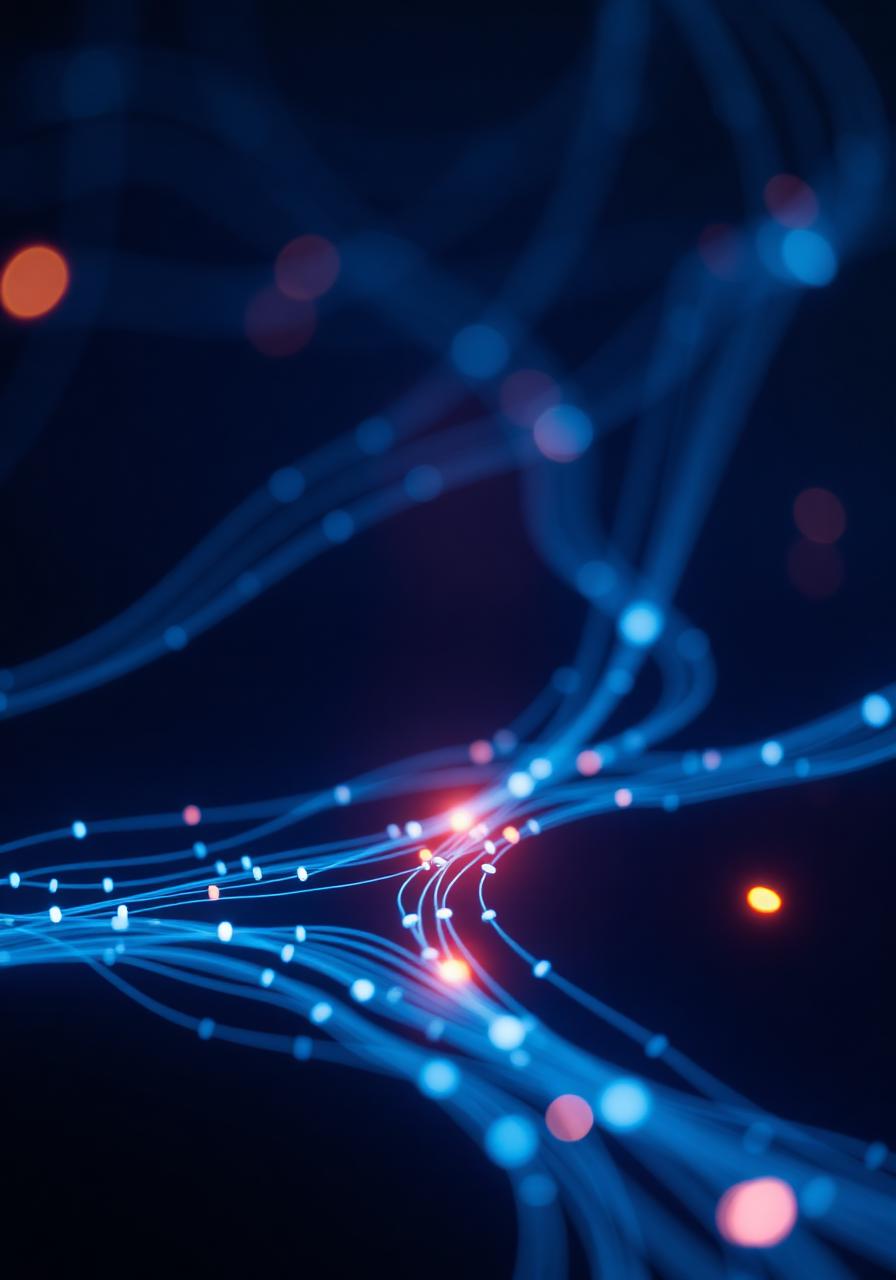 Glowing blue fibre-optic strands with decision-point nodes