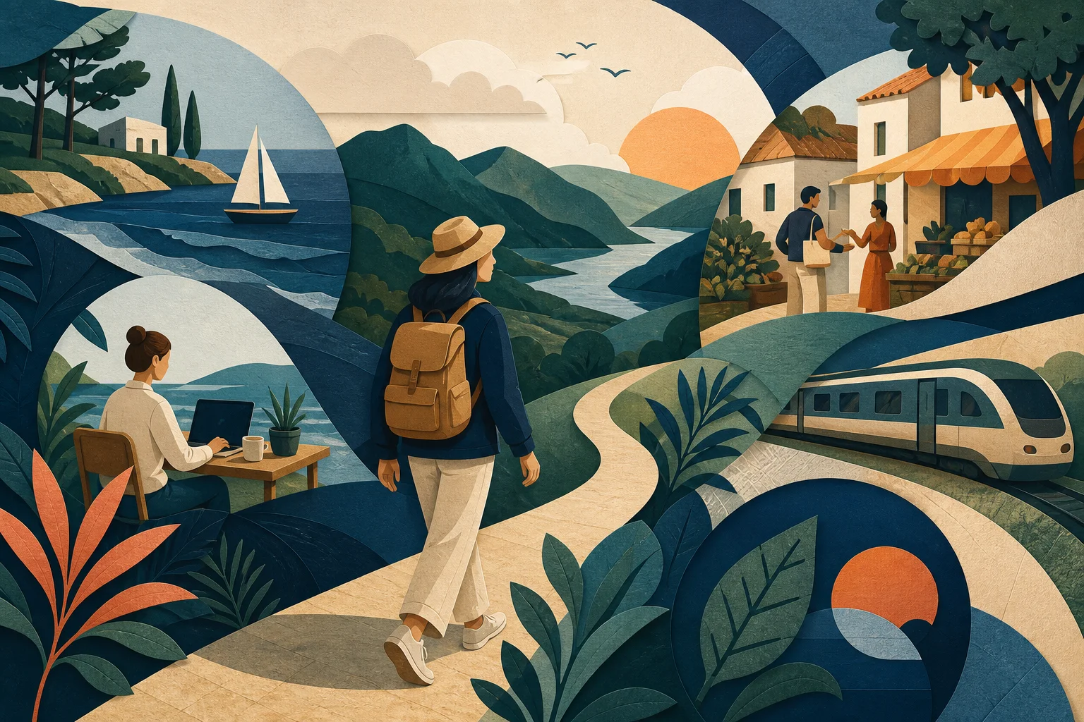 Emerging travel behaviors connect slower journeys, nature, local exchange, flexible work, and conscious choices.