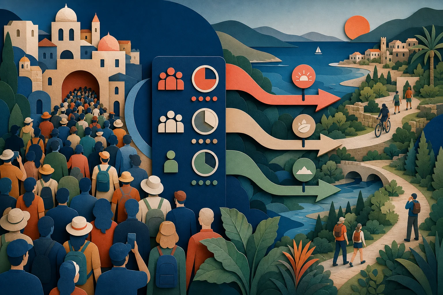 Crowded visitor flows redistribute across timed routes and lower-pressure destination paths.
