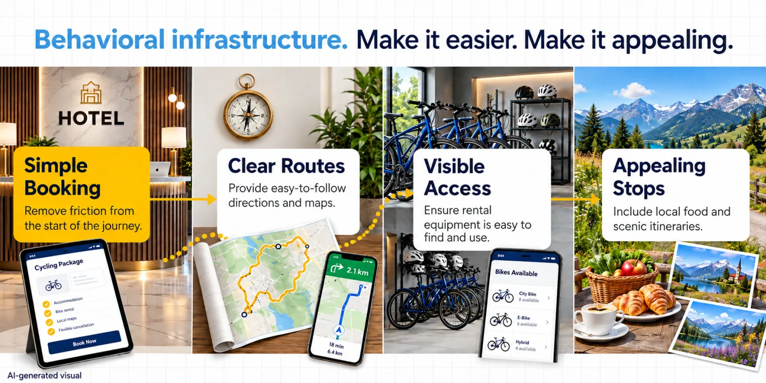 Under the heading "Behavioral infrastructure. Make it easier. Make it appealing.", four panels follow a hotel guest’s cycling trip: simple booking removes friction from the start of the journey; clear routes provide easy-to-follow directions and maps; visible access makes rental equipment easy to find and use; appealing stops include local food and scenic itineraries.