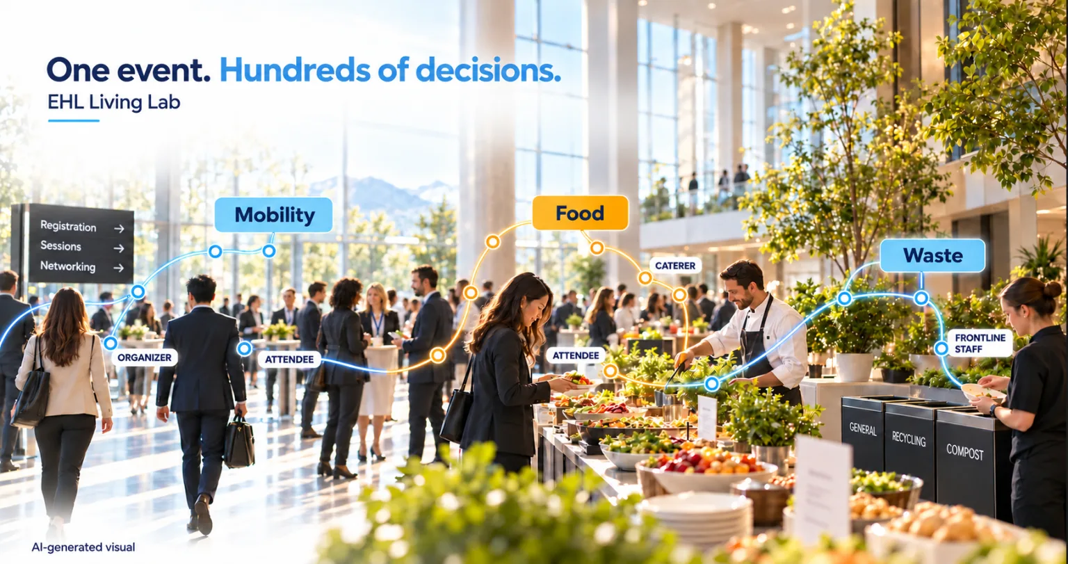A busy conference hall under the heading "One event. Hundreds of decisions.", labelled as the EHL Hospitality Business School living lab. Lines trace the decisions of an organizer, attendees, a caterer and frontline staff across mobility, food and waste, past a buffet and general, recycling and compost bins.