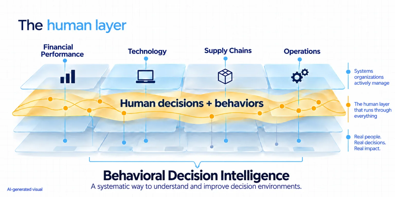 Diagram titled "The human layer". Four stacked panels, labelled Financial Performance, Technology, Supply Chains and Operations, are the systems organizations actively manage. A band of human decisions and behaviors runs through all of them. Beneath, Behavioral Decision Intelligence: a systematic way to understand and improve decision environments.