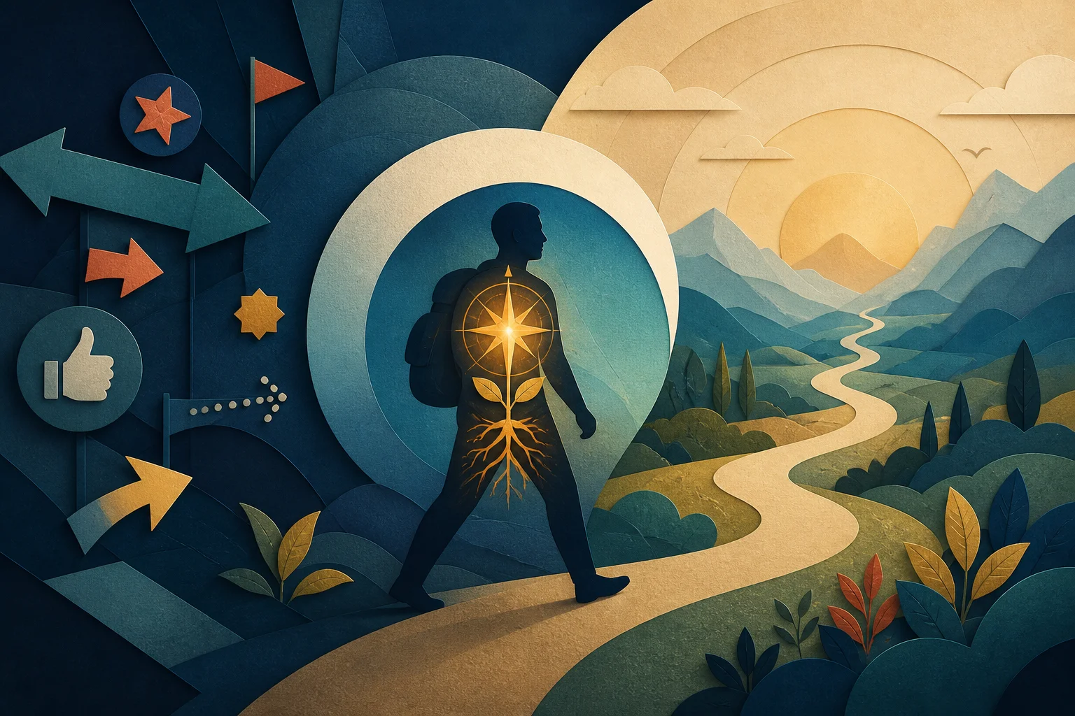 External prompts give way to an inner compass rooted in values along a long-term travel path.